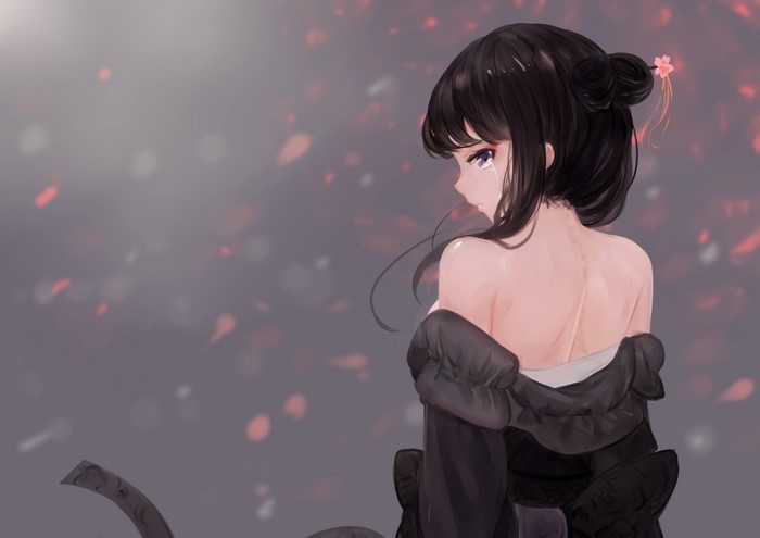 Anime girl with black hair crying