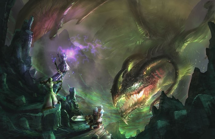 Dragon battle with wizard, warrior, and archer