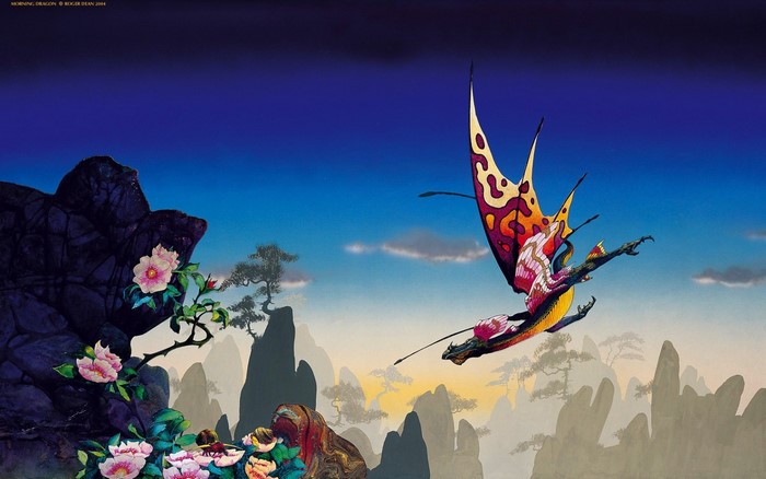 Roger Dean Fantasy Dragon in Flight Illustration