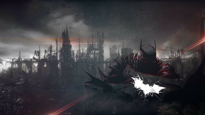 Batman in a ruined city with the Bat-Signal
