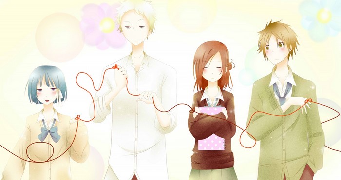 Four friends connected by red string, Isshuukan Friends