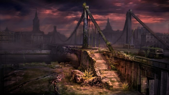 Apocalyptic city with a destroyed bridge at dusk