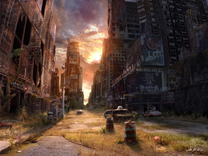 Apocalyptic cityscape with ruined buildings and abandoned cars