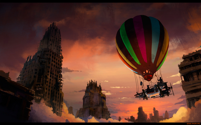 Hot air balloon over ruined city at sunset