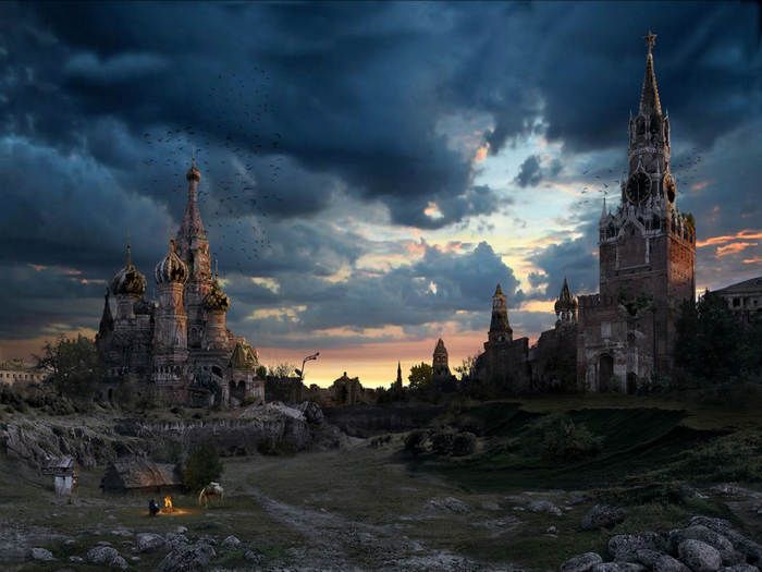 Apocalyptic Moscow skyline at dusk with St. Basil's Cathedral and Kremlin tower