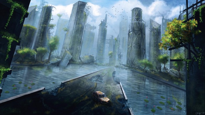 Apocalyptic city ruins overgrown with jungle and flooded