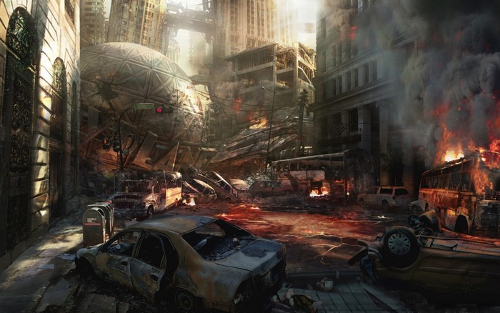 Apocalyptic city destruction with crashed vehicles and burning buildings