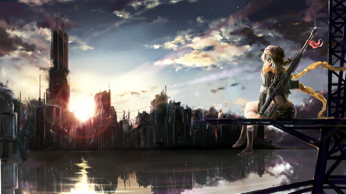 Anime girl with rifle overlooking ruined city at sunset