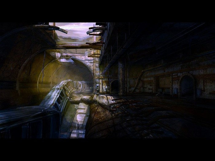 Apocalyptic metro ruins at night with reflections