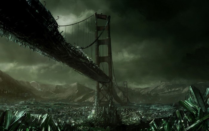 Apocalyptic Golden Gate Bridge with Crystal Growth