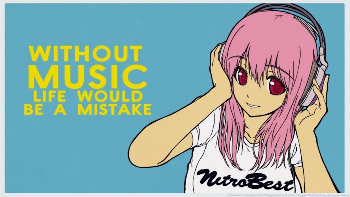 Super Sonico with headphones and text