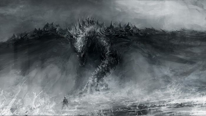 A colossal dragon emerges from a stormy sea