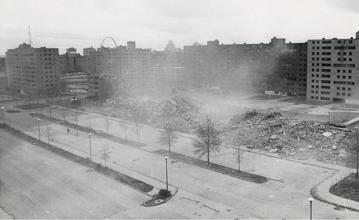 Pruitt Igoe Demolition with St. Louis Arch in Background