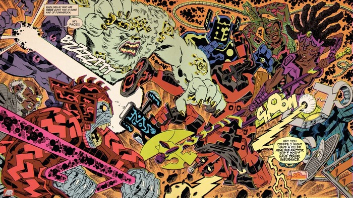 Deadpool and Eternals fighting in space