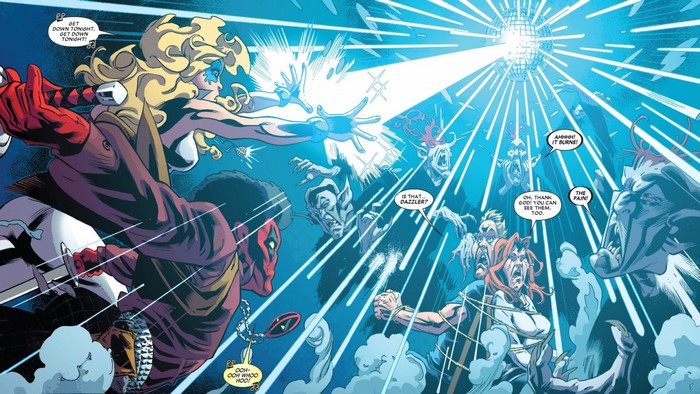 Deadpool and Dazzler fighting goblins