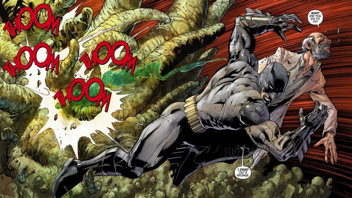 Batman and an old man fighting a monster