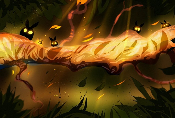 Illustration of glowing creatures on a fiery branch in a jungle