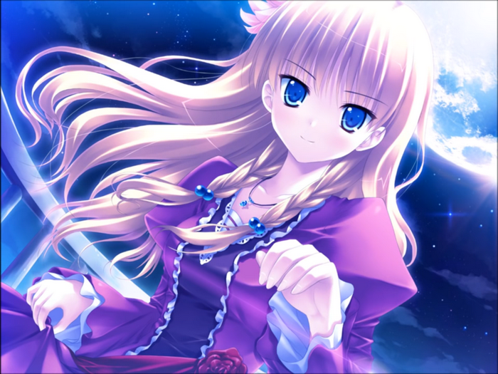 Anime girl with blond hair and blue eyes in a purple dress