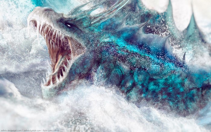 Abyssal ice dragon emerging from a wave