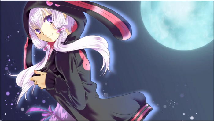 Anime girl with white hair and bunny hoodie under the moon