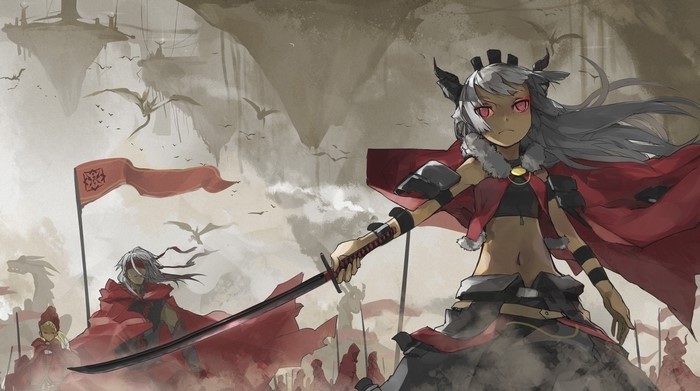 Anime artwork of a war scene with a female warrior