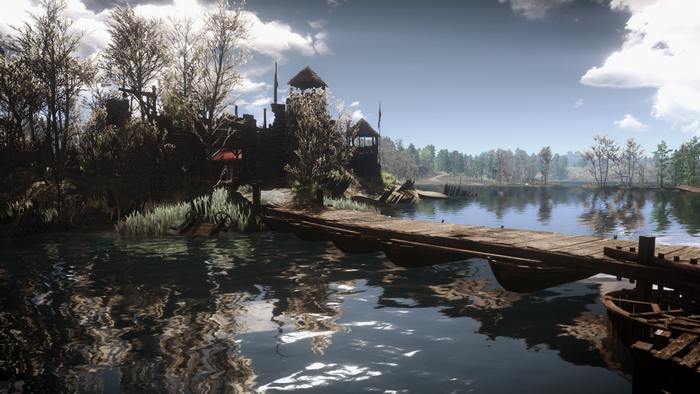 The Witcher 3: Wild Hunt - Lake with a wooden pier and ruined structures