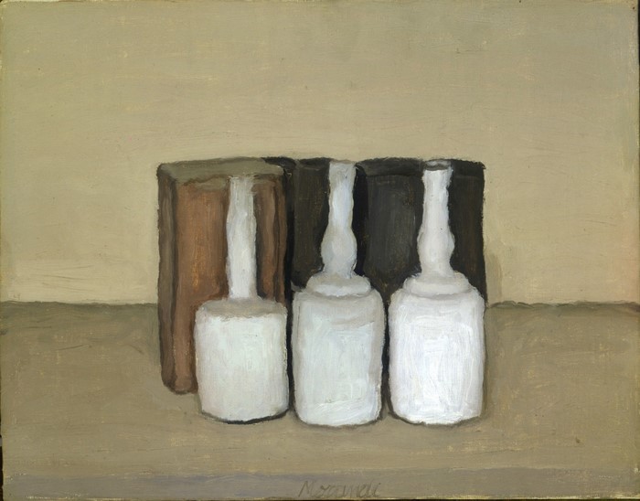 Still life painting of three white jars by Giorgio Morandi