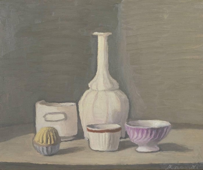 Still life painting of ceramic objects and a juicer
