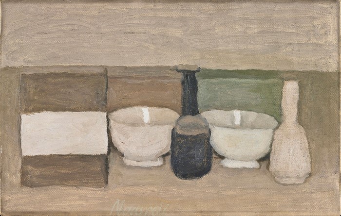 Still life painting of bottles and bowls by Giorgio Morandi