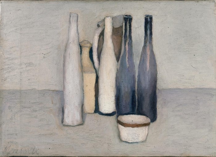 Still life with bottles and a bowl by Giorgio Morandi