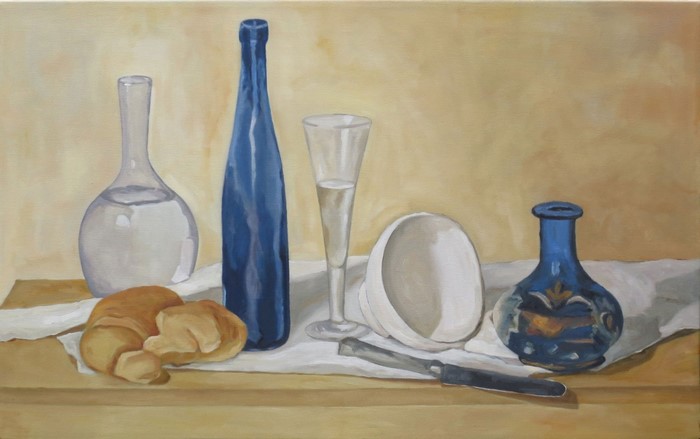 Still life painting with bottles, glass, and croissants