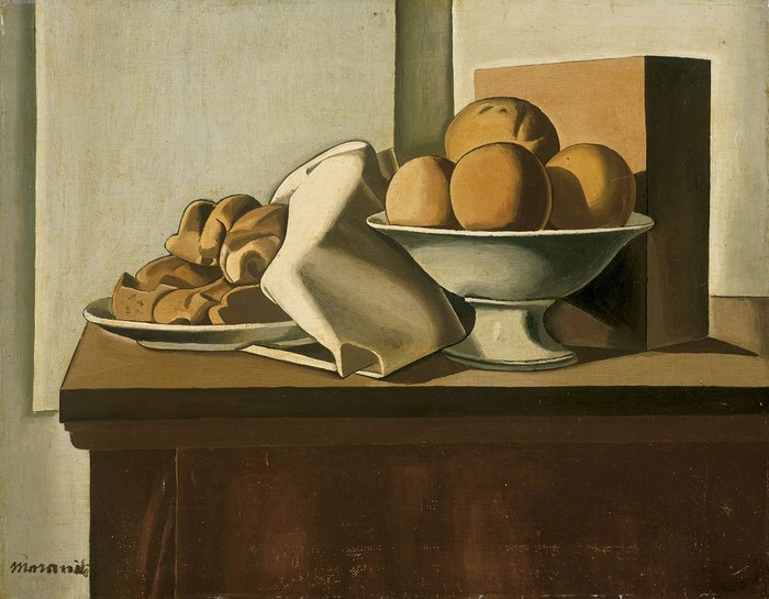 Still life with fruit and bread by Giorgio Morandi