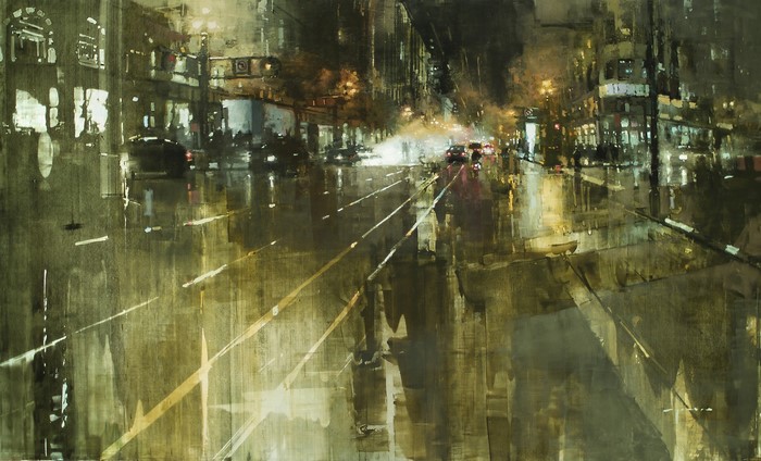 Artwork of a rainy city street at night by Jeremy Mann