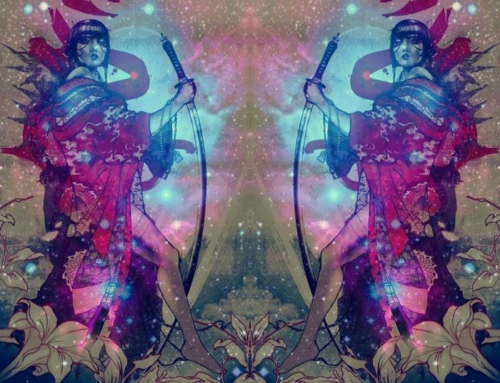 Psychedelic Space Art with Samurai Woman and Katana
