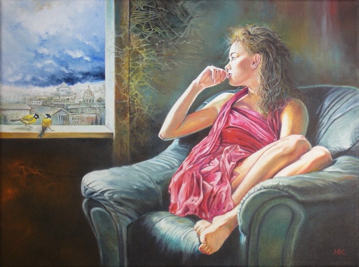 Painting of a woman in a pink dress looking out a window at birds and a city