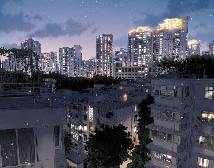 Anime cityscape at dusk with illuminated skyscrapers