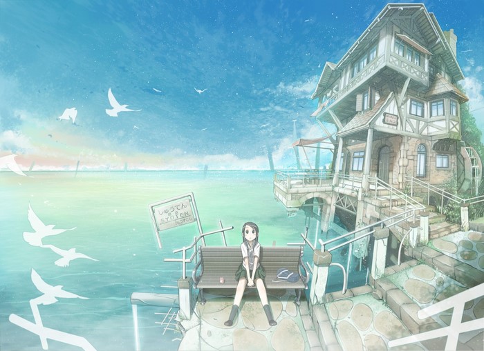 Anime girl sitting on a bench by a building and water