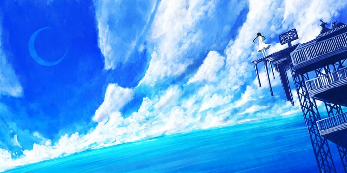 Anime girl on a platform overlooking the ocean under a crescent moon