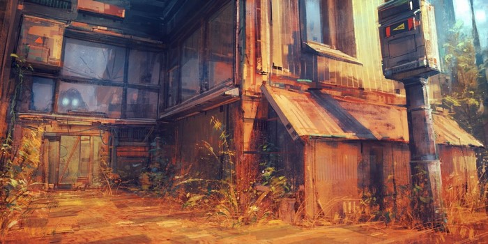 Anime painting of a dilapidated building with glowing eyes inside