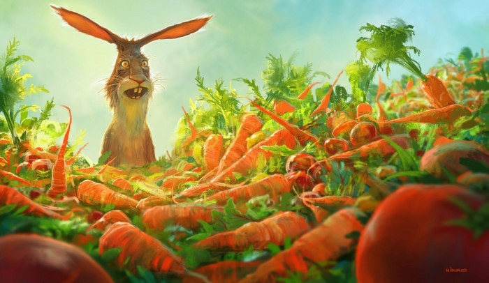 A cartoon rabbit in a field of carrots