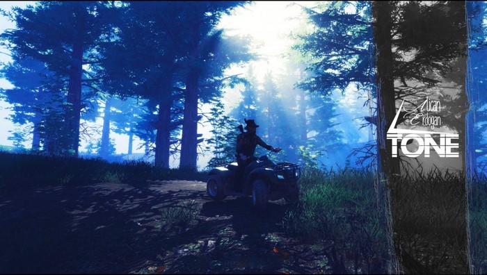 Man on ATV in H1Z1 forest with sunbeams