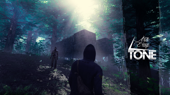 Two figures in a dark, misty forest with a building