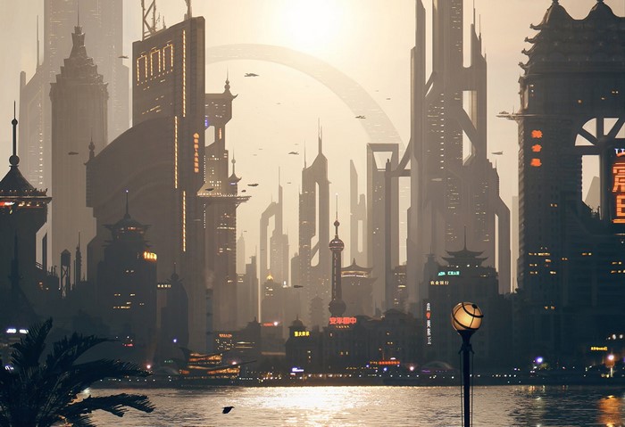 Futuristic cityscape with skyscrapers and waterways at dusk