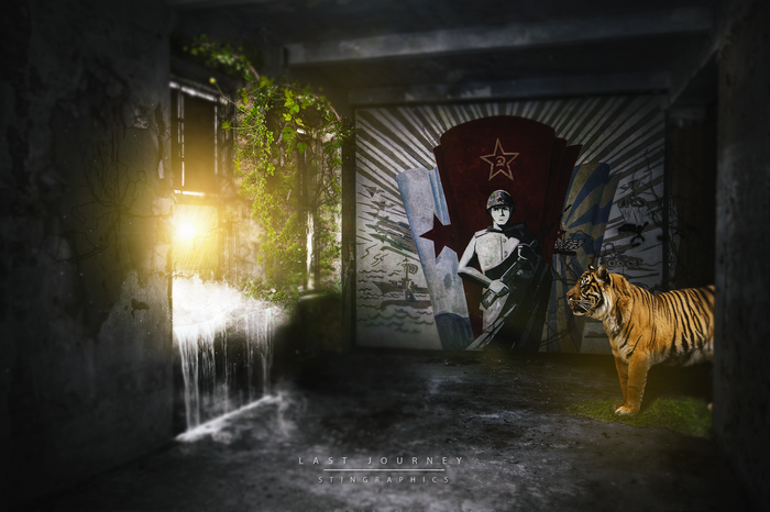 Tiger and Soviet propaganda mural in abandoned building
