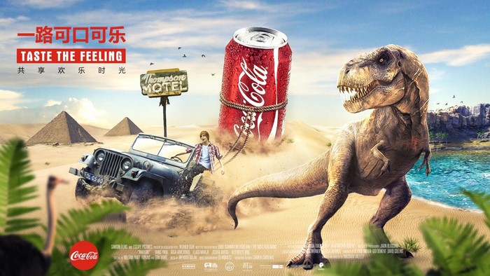 Coca-Cola ad with T-Rex, Jeep, and pyramids