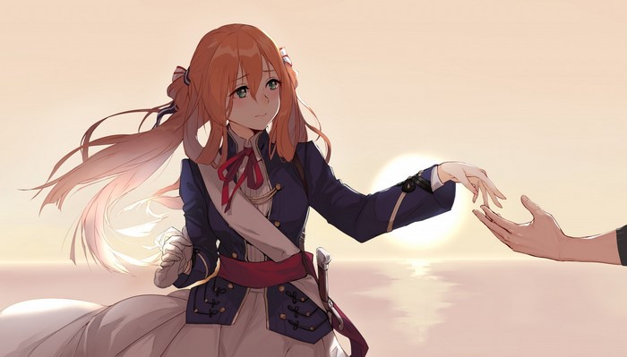 Anime girl reaching out to a hand at sunset