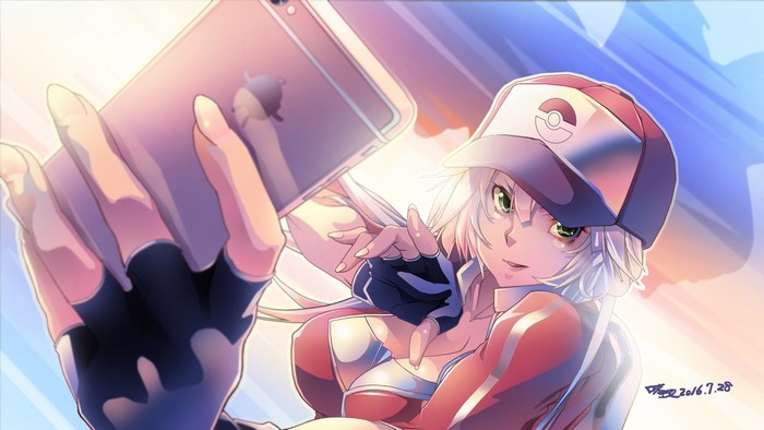 Anime girl with gray hair and green eyes from Pokemon Go