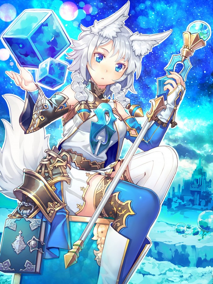 Anime girl with fox ears and tail holding a staff