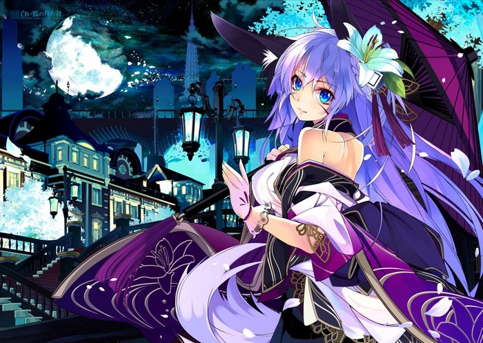 Anime girl with blue hair and umbrella at night