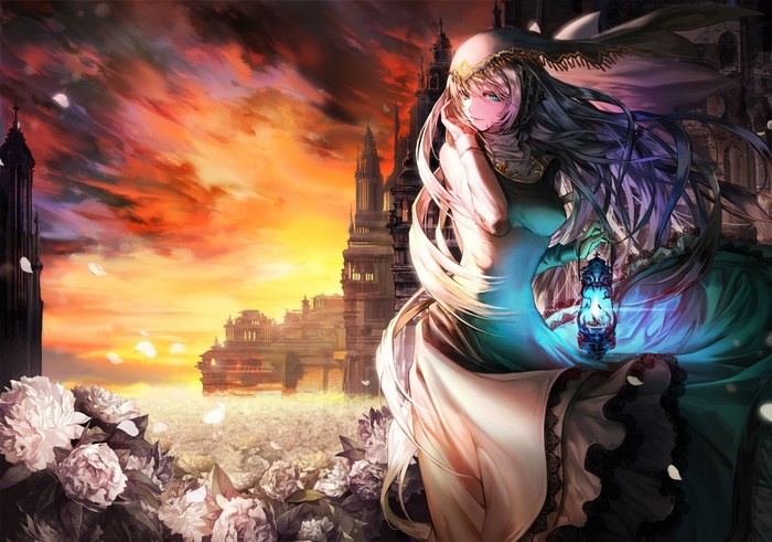 Anime girl with gray hair and aqua eyes holding a lantern